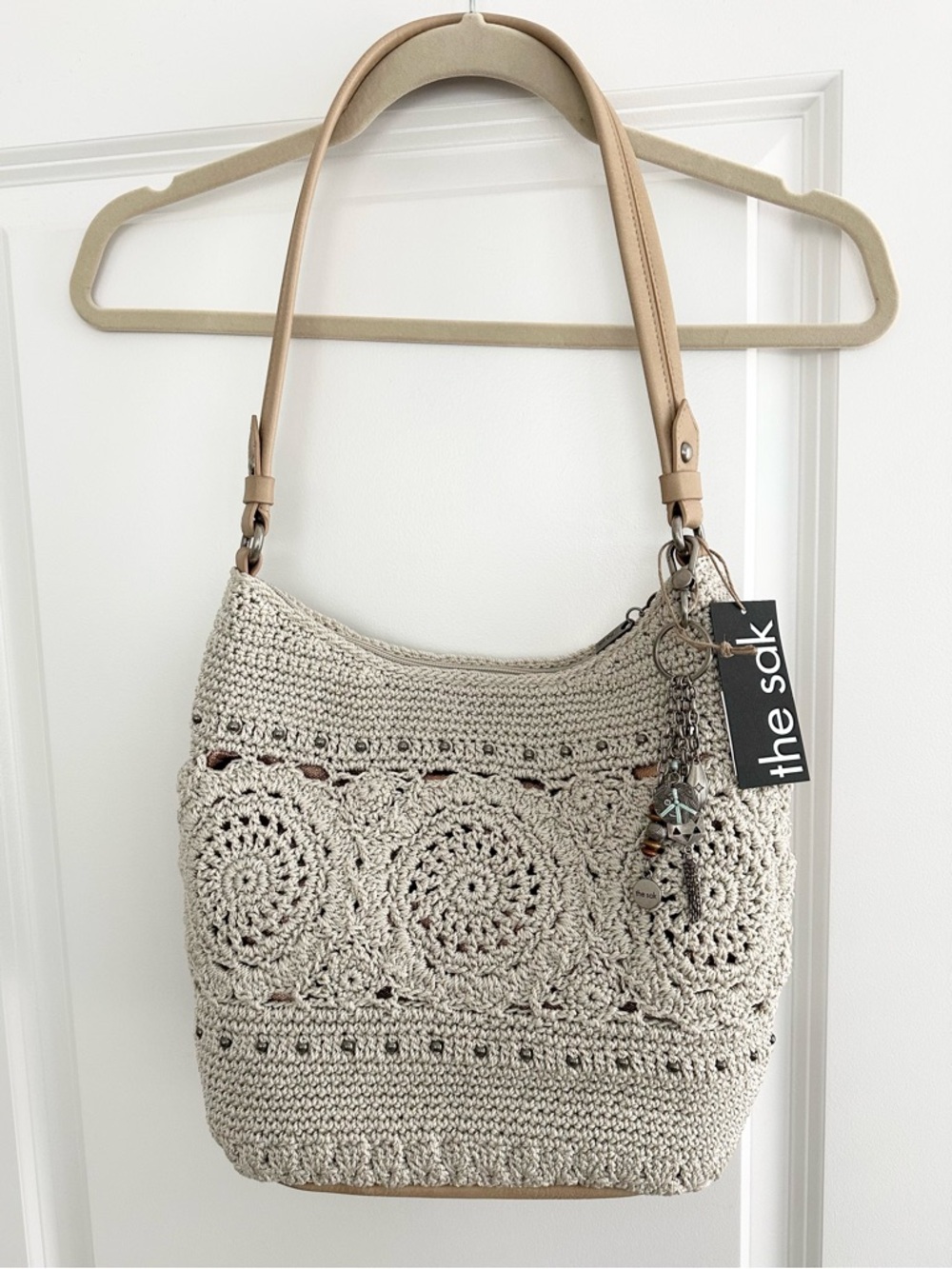 The Sak Sequoia Cream & Tan Crochet Leather Hobo Shoulder Bag with Bag Charm - Picture 3 of 17
